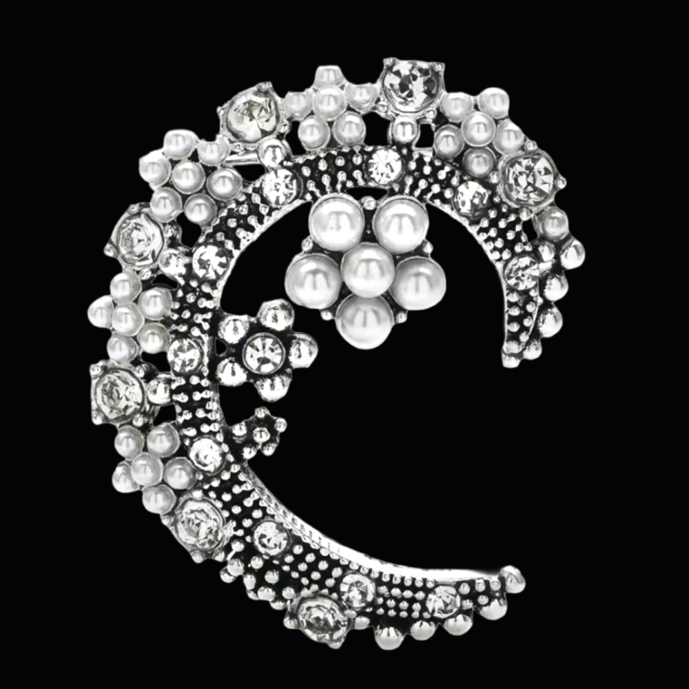 Faux Pearl Moon Shape Silverplated Metal CZ Embellished Fashion Celestial Brooch